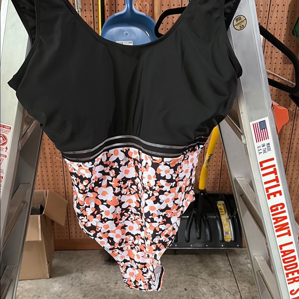 Floral Black and Orange Swimsuit